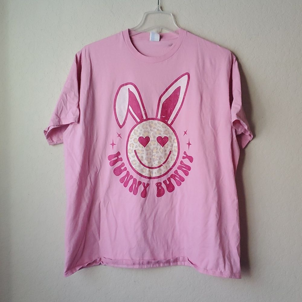 Pink Hunny Bunny Graphic Tee Plus Size 3X Smiley Face Leopard Print T-Shirt